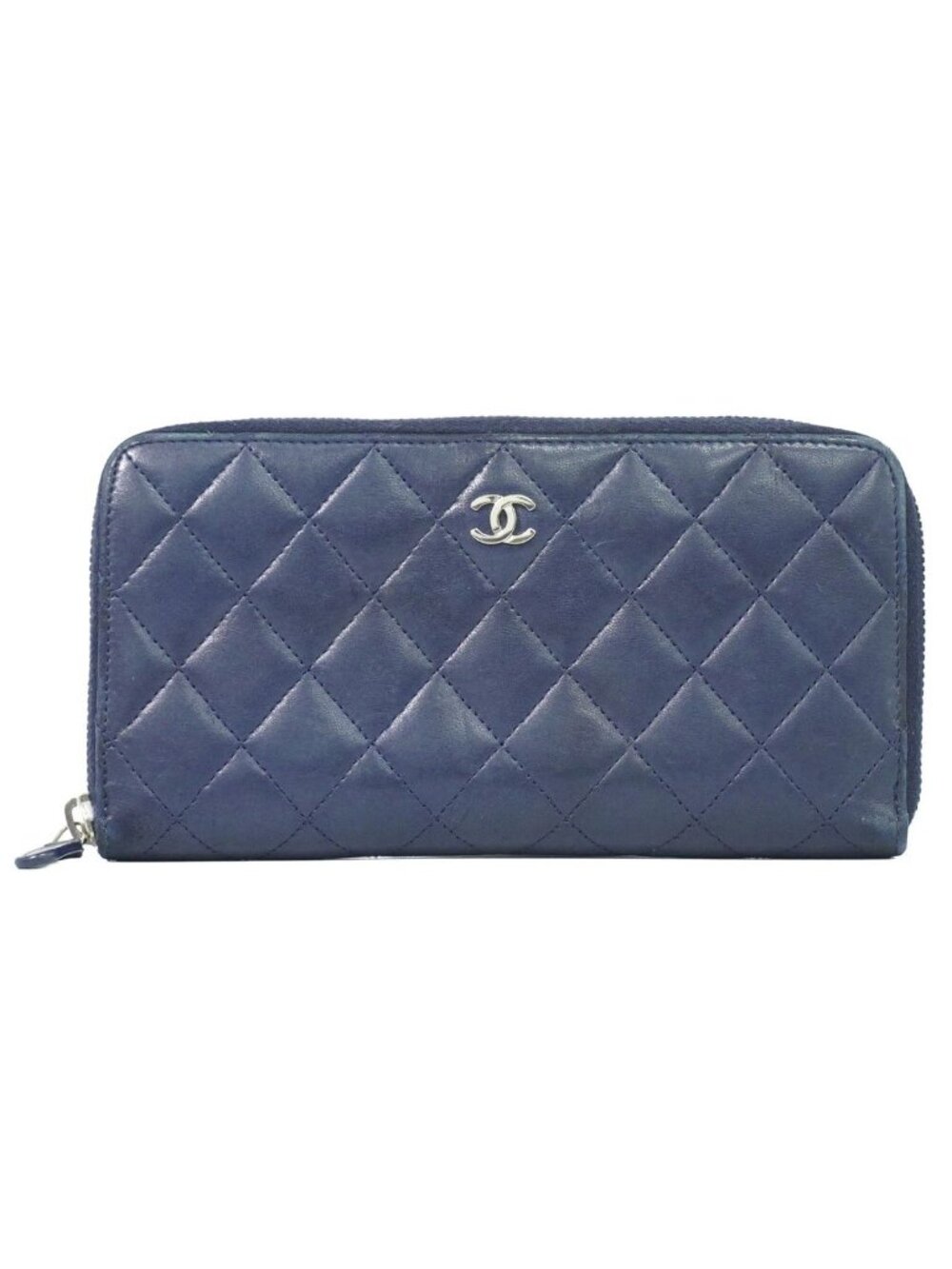 Chanel CC Logo Quilted Zip Around Wallet Lambskin Leather Navy